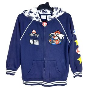 Mariokart Boys Hooded Jacket Full Zip Blue Pockets Size L 10 Nintendo Graphic